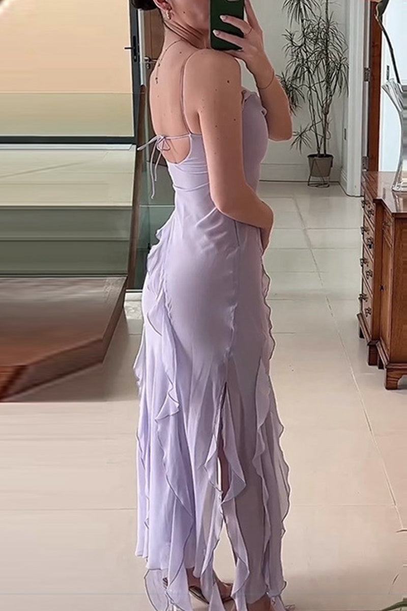 Dafne® | Cute plain asymmetric sling dresses with flounce and slit and V-neck