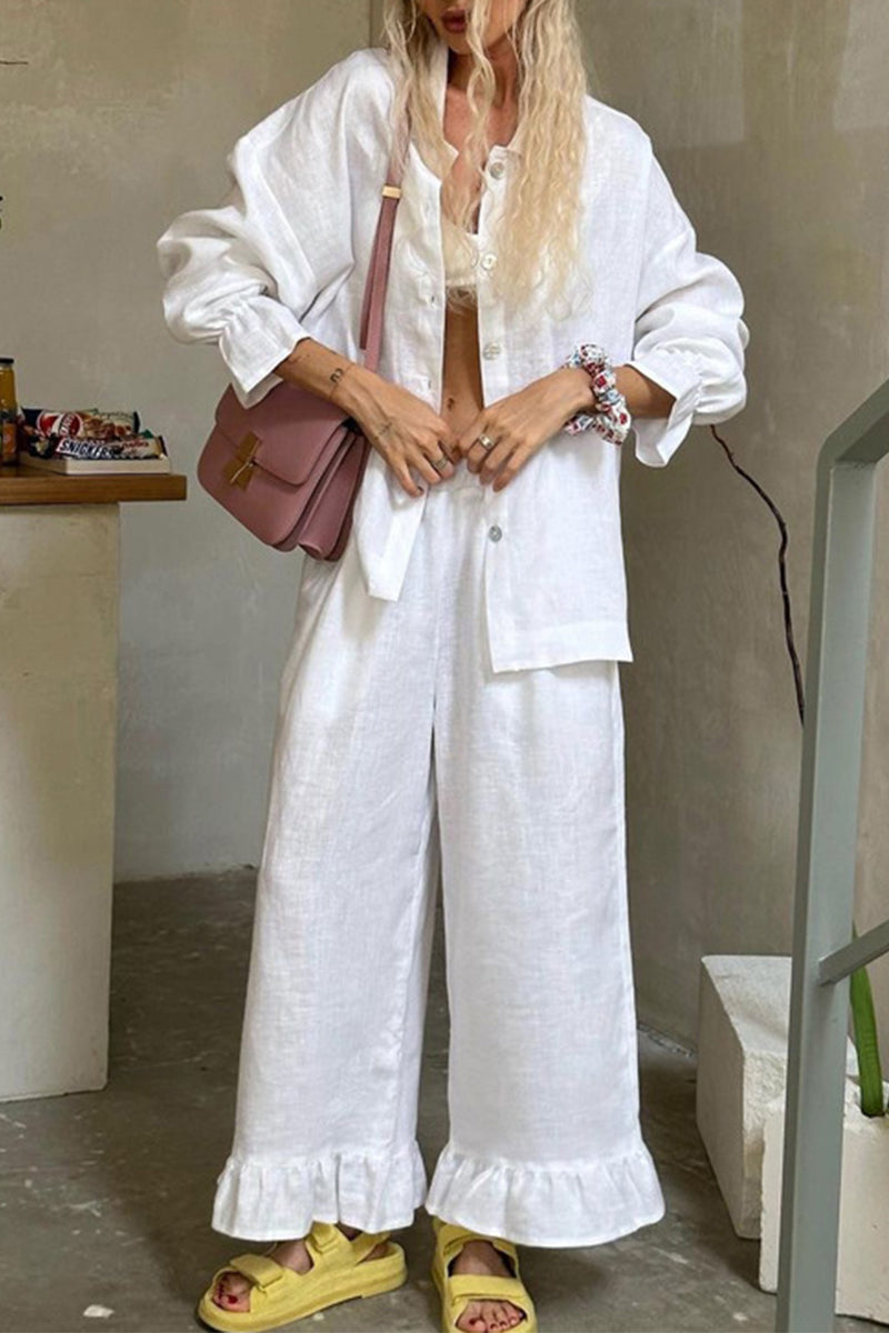 Clarisa® | Casual two-piece suit with flounce and turn-down collar and long sleeves and fixed buckle