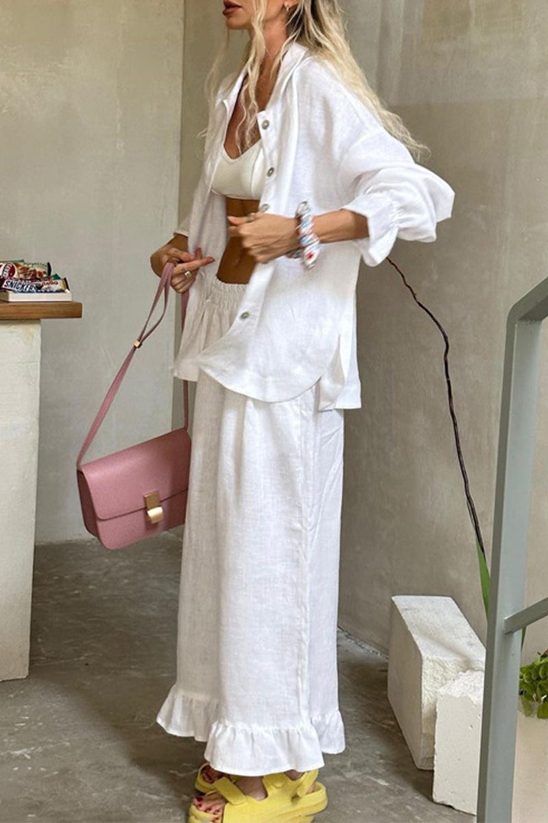 Clarisa® | Casual two-piece suit with flounce and turn-down collar and long sleeves and fixed buckle