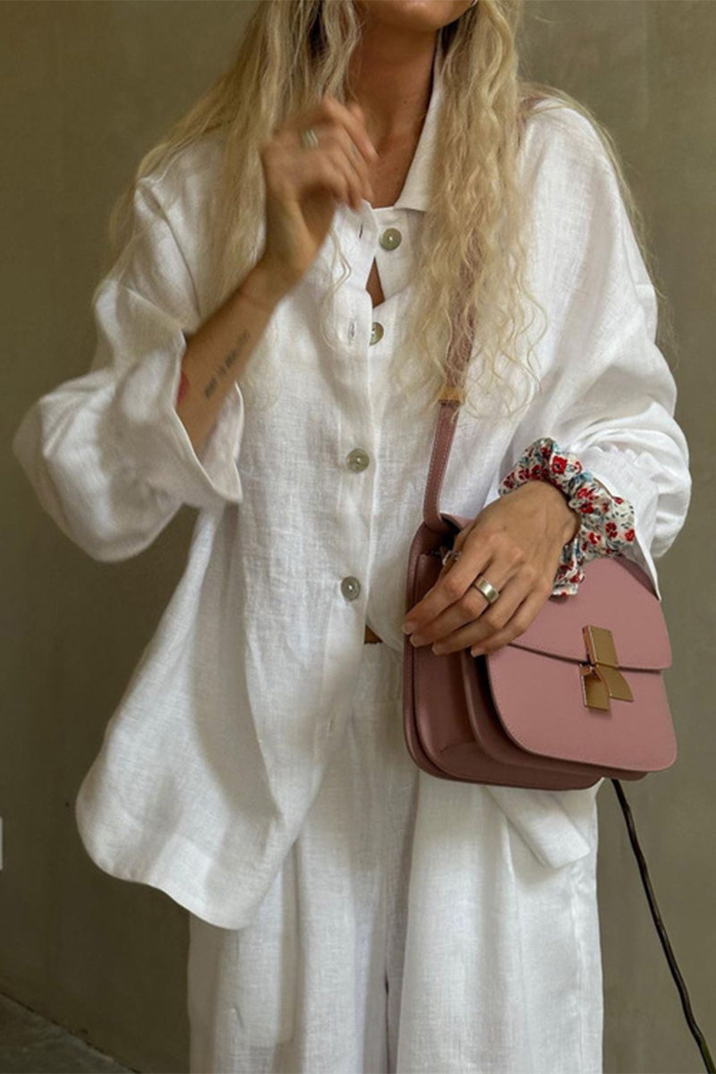 Clarisa® | Casual two-piece suit with flounce and turn-down collar and long sleeves and fixed buckle