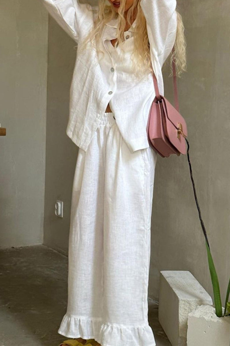 Clarisa® | Casual two-piece suit with flounce and turn-down collar and long sleeves and fixed buckle