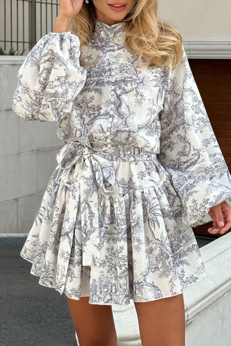 Cielo® | Elegant vintage dresses with geometric print and bandage with stand-up collar in A-line