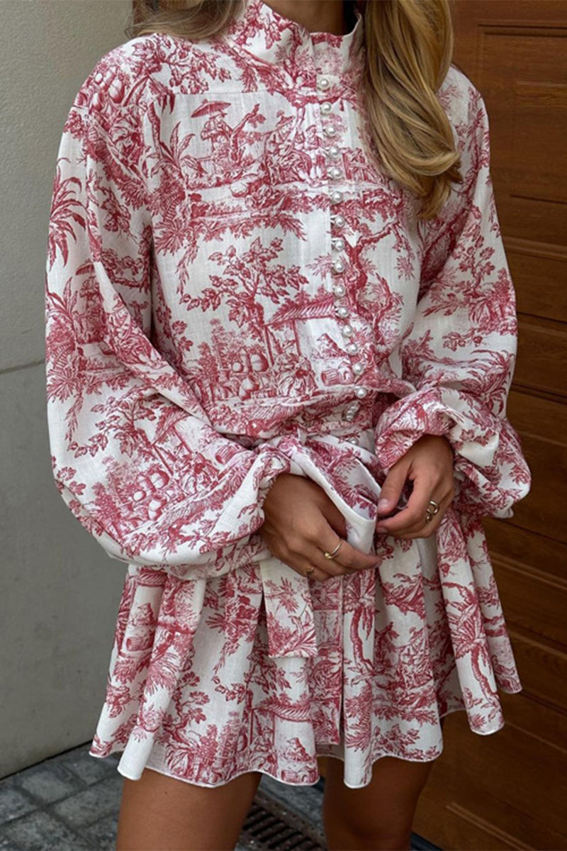 Cielo® | Elegant vintage dresses with geometric print and bandage with stand-up collar in A-line