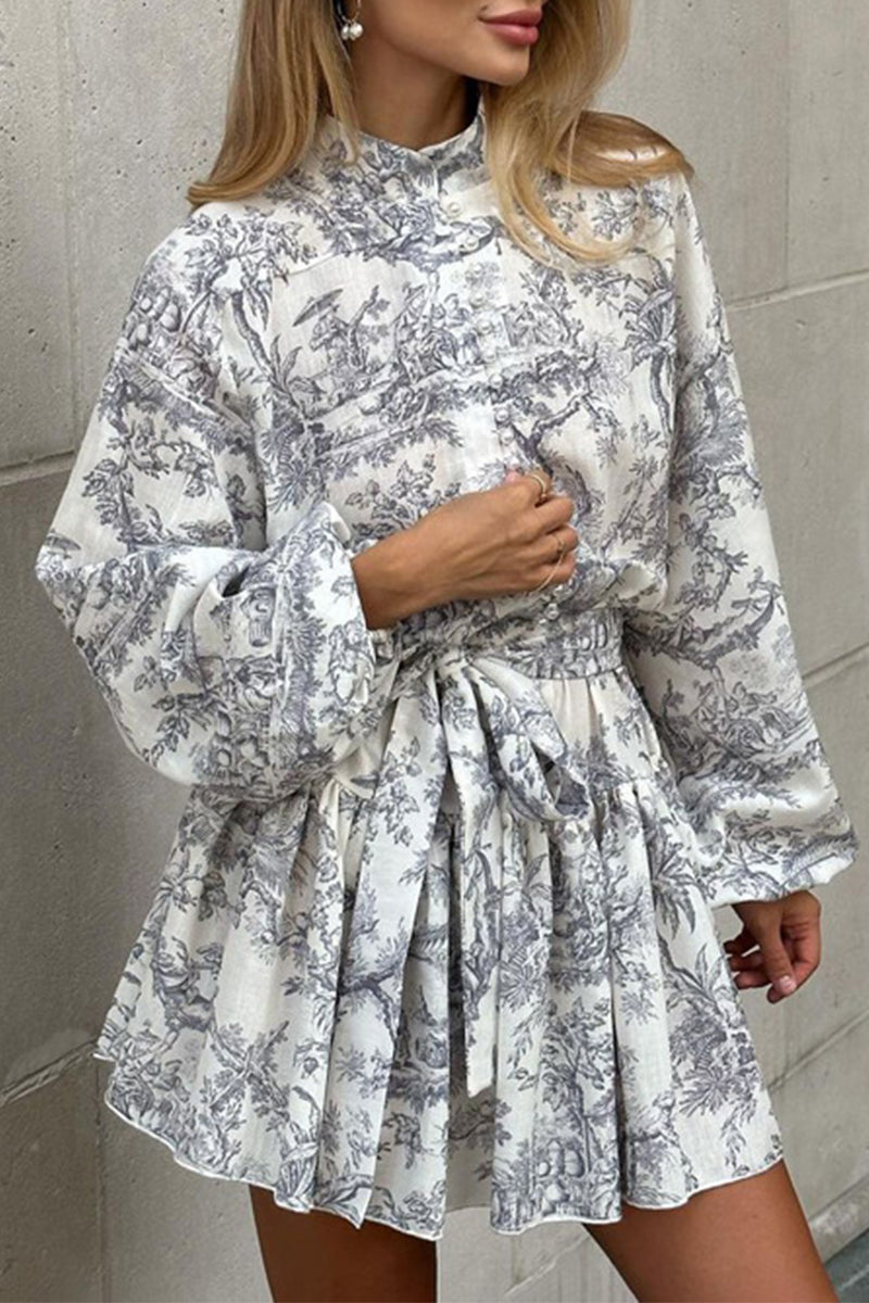 Cielo® | Elegant vintage dresses with geometric print and bandage with stand-up collar in A-line
