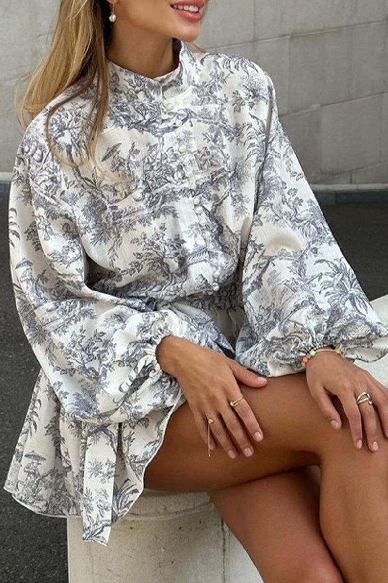 Cielo® | Elegant vintage dresses with geometric print and bandage with stand-up collar in A-line
