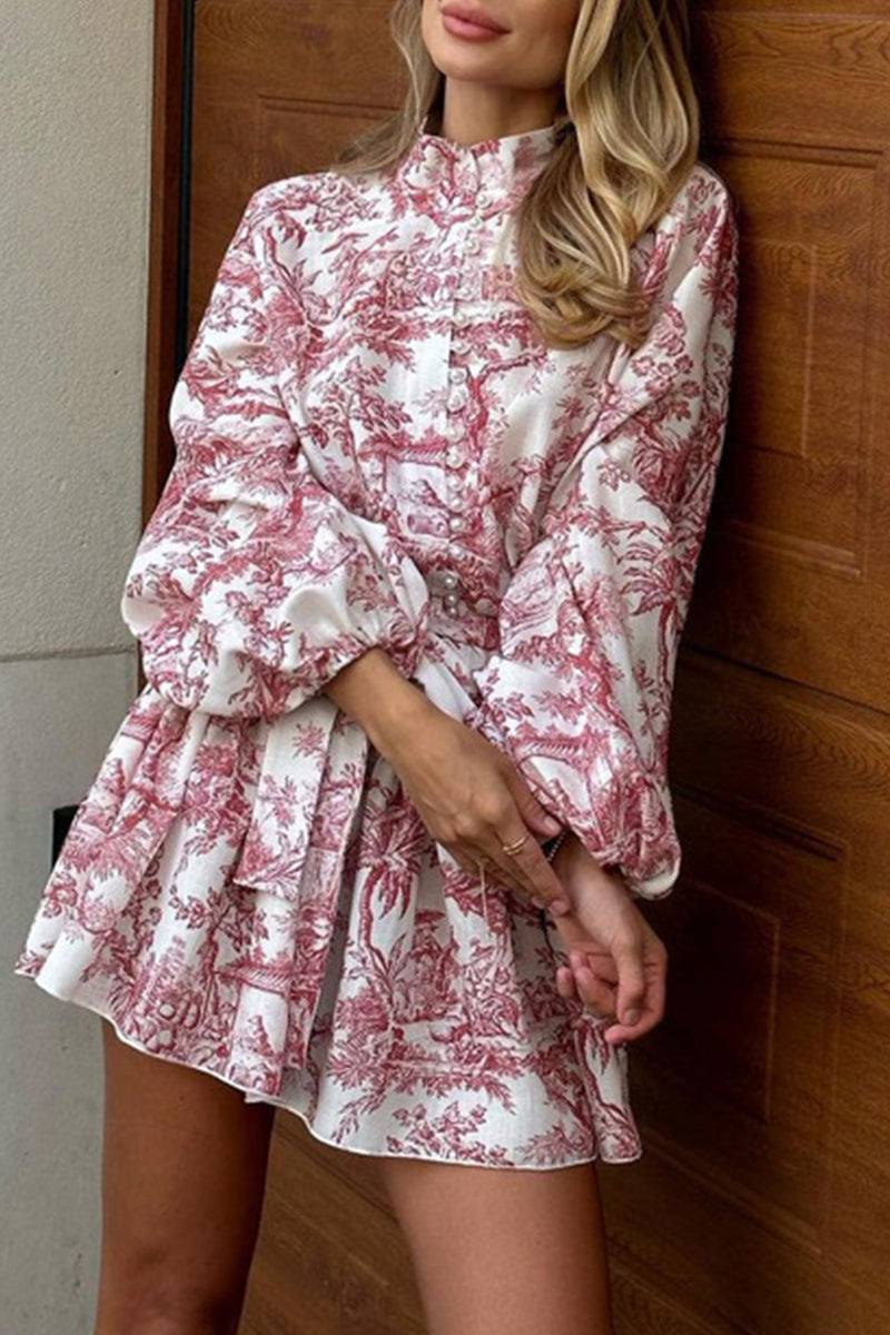 Cielo® | Elegant vintage dresses with geometric print and bandage with stand-up collar in A-line