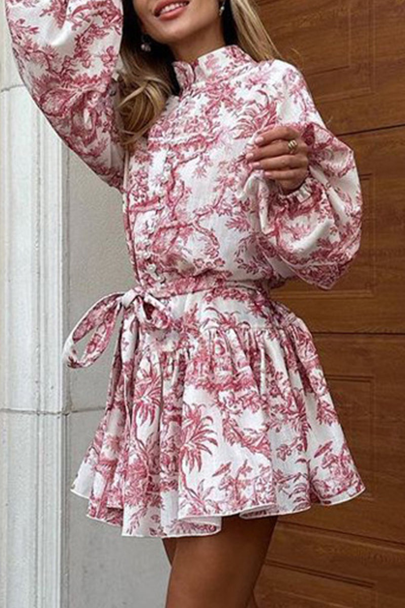 Cielo® | Elegant vintage dresses with geometric print and bandage with stand-up collar in A-line