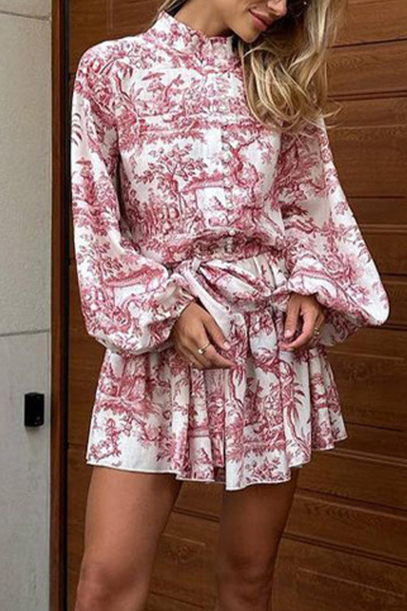 Cielo® | Elegant vintage dresses with geometric print and bandage with stand-up collar in A-line