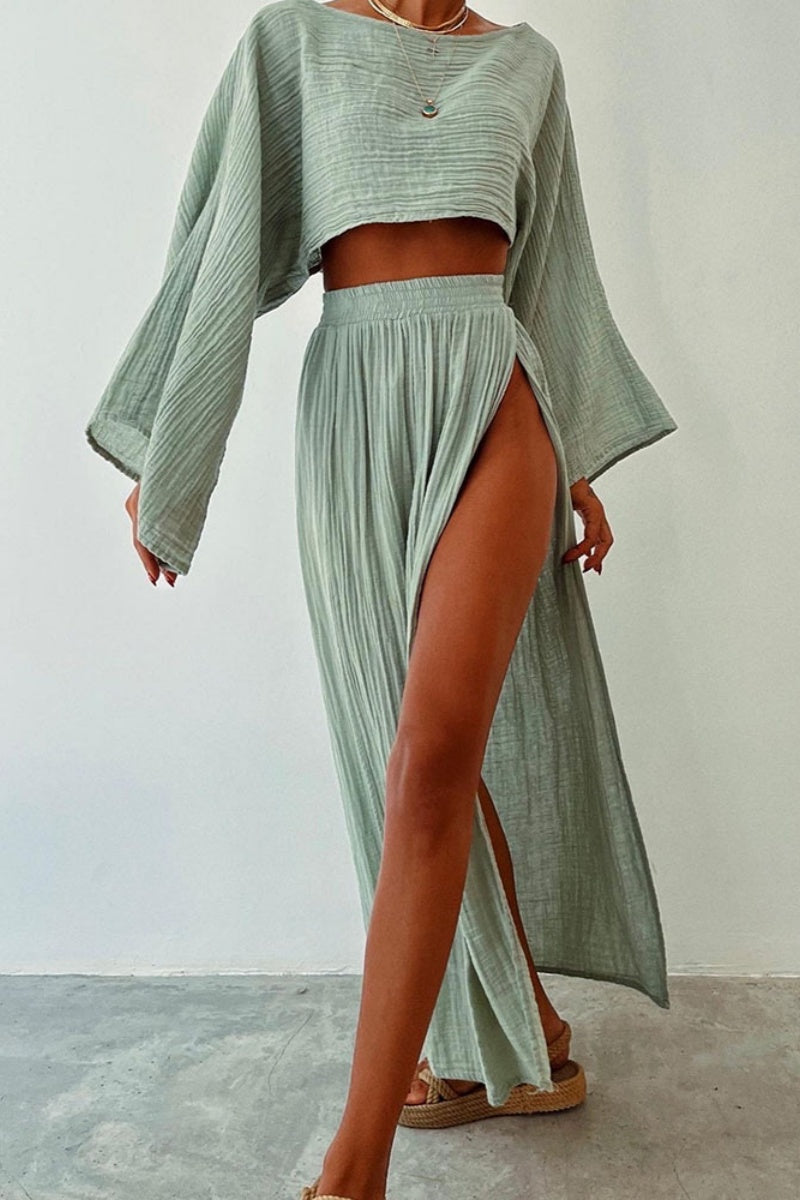 Adela® | Casual solid color long sleeve two-piece suit with slit and O-neck