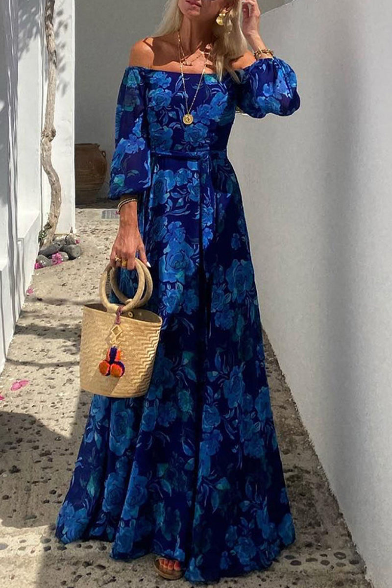 Camille® | Sexy Vintage Print Floral Patchwork Off Shoulder A Line Dresses