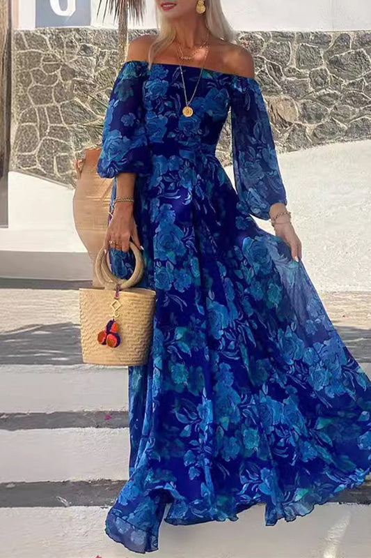 Camille® | Sexy Vintage Print Floral Patchwork Off Shoulder A Line Dresses