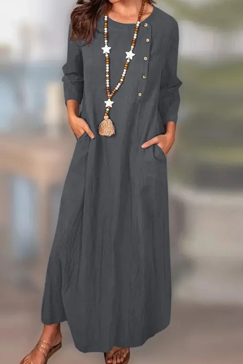Bianca® | Casual solid color long sleeve dresses with pocket buttons and O-neck