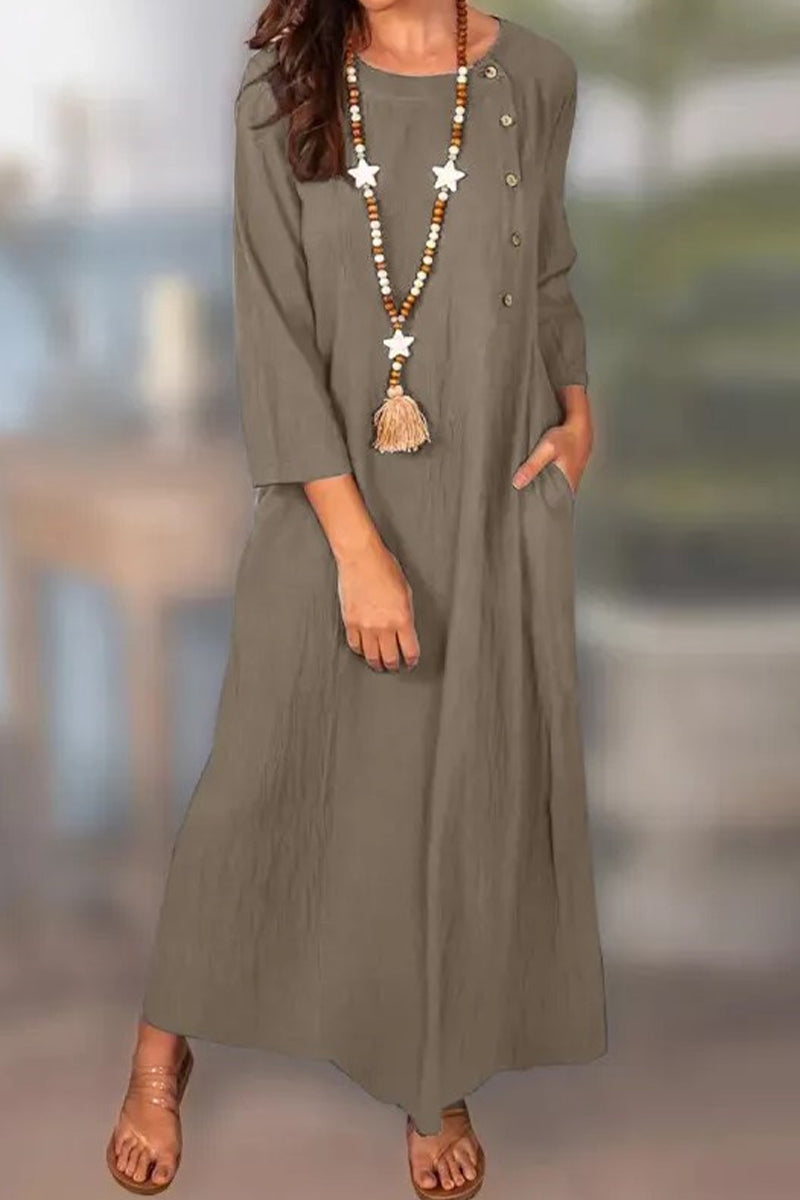 Bianca® | Casual solid color long sleeve dresses with pocket buttons and O-neck