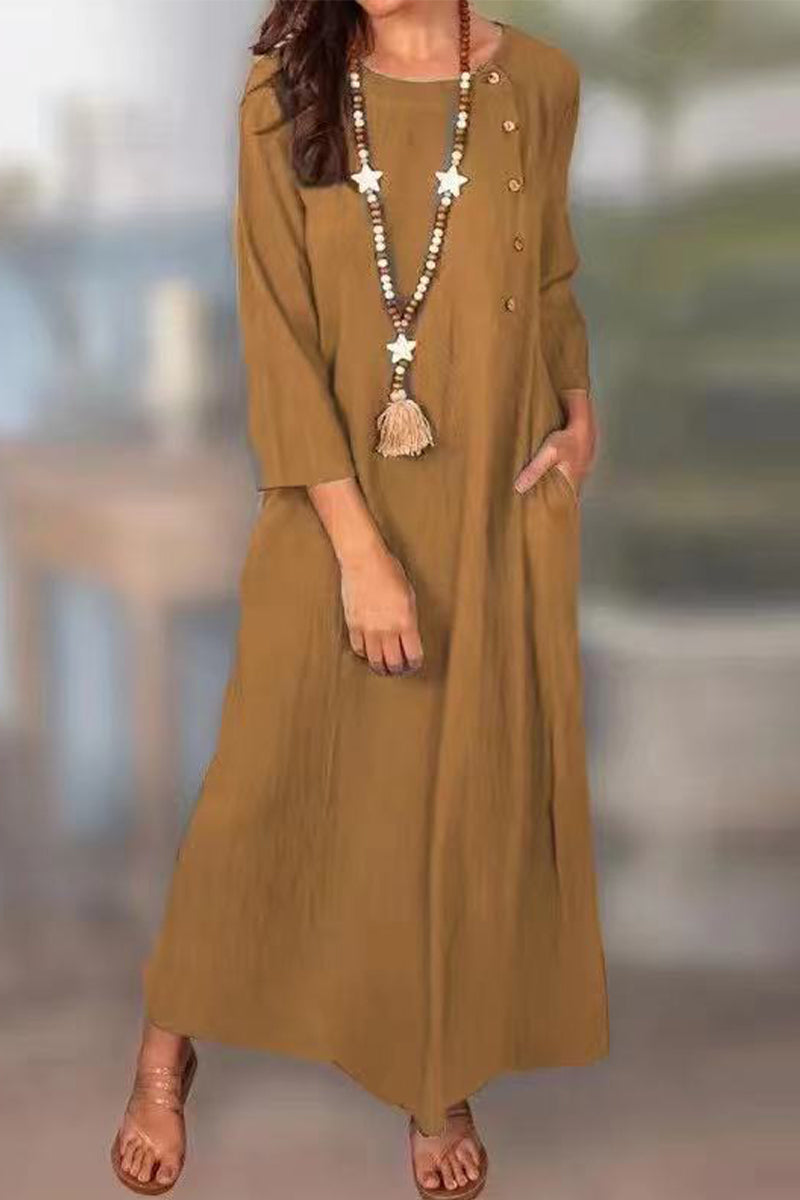 Bianca® | Casual solid color long sleeve dresses with pocket buttons and O-neck