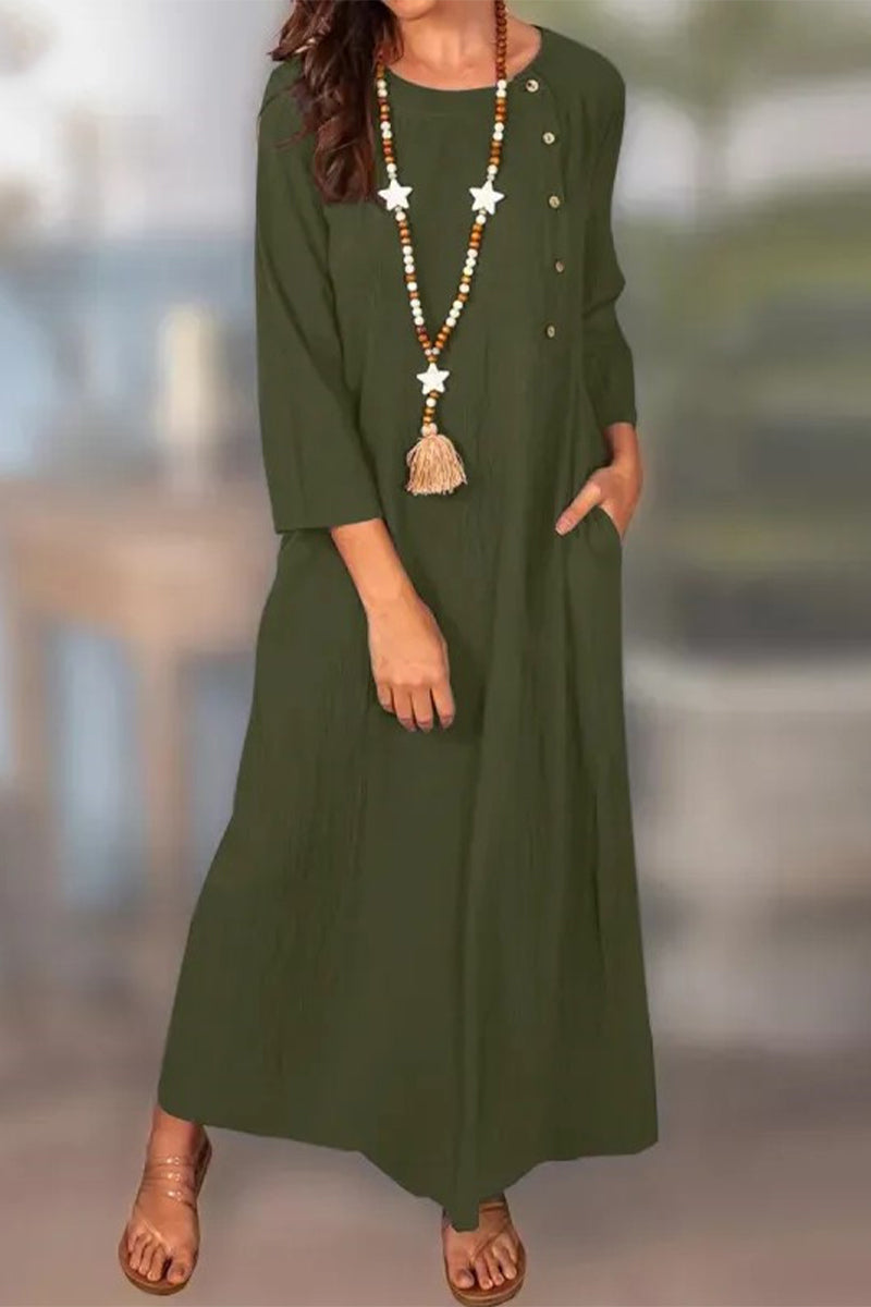 Bianca® | Casual solid color long sleeve dresses with pocket buttons and O-neck