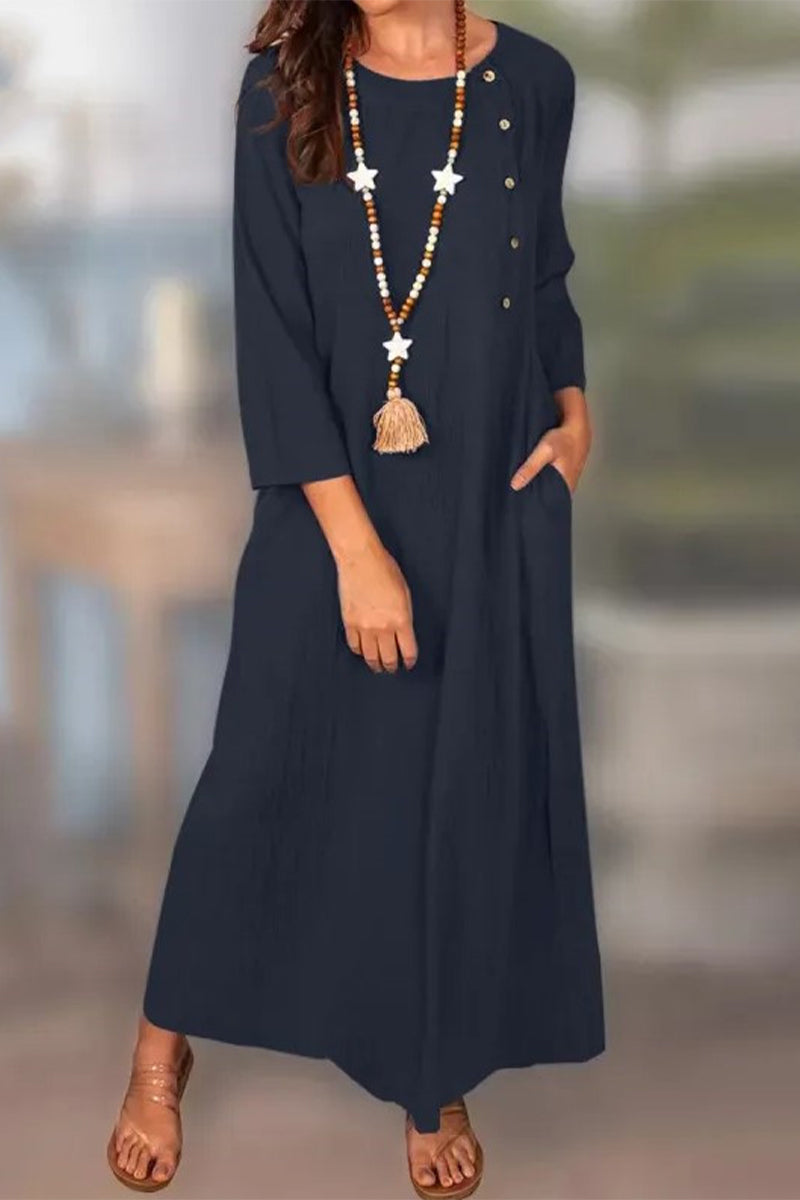 Bianca® | Casual solid color long sleeve dresses with pocket buttons and O-neck