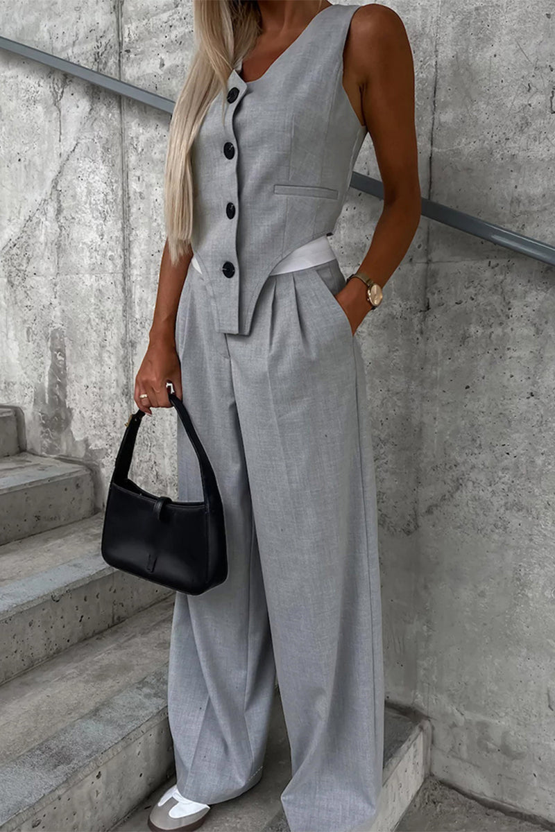Brianna® | Casual British style, solid pocket, buckle, V-neck, sleeveless, two-piece