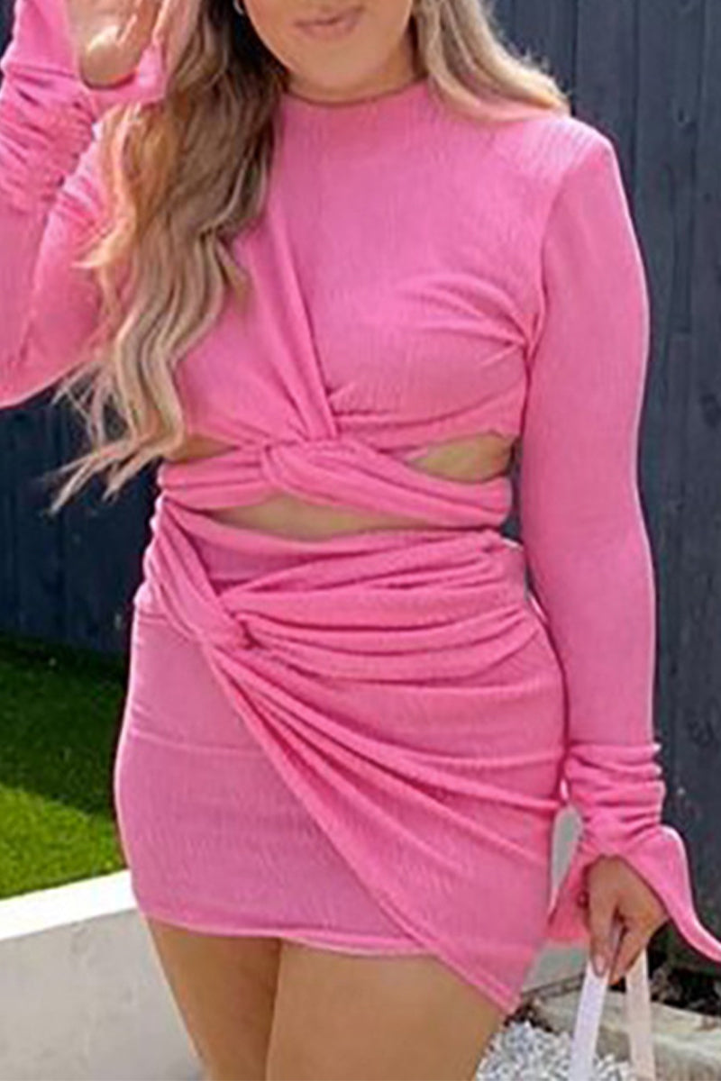 Elisa® | Sexy solid hollow out pleated O-neck long sleeve two piece set