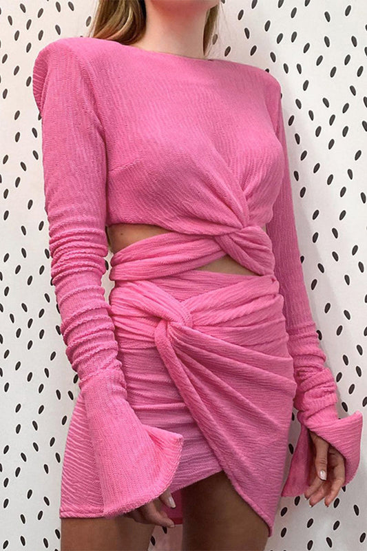Elisa® | Sexy solid hollow out pleated O-neck long sleeve two piece set