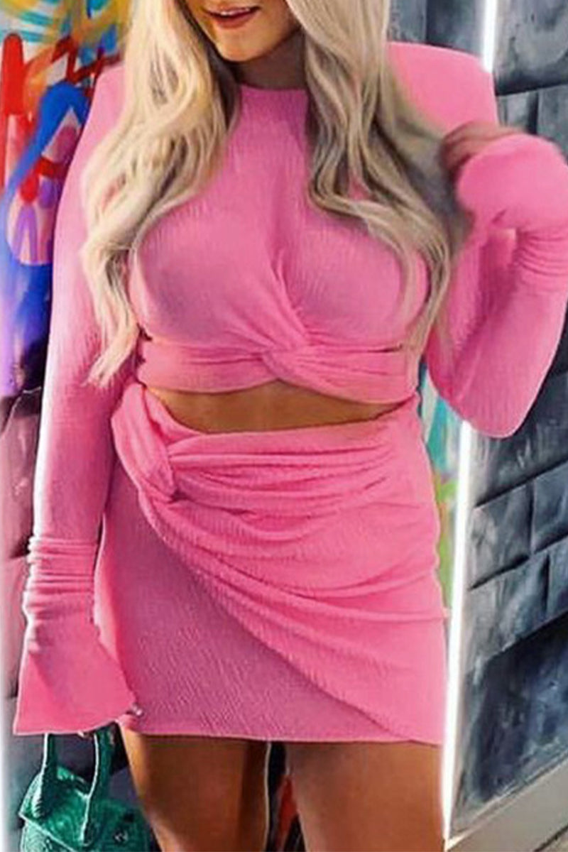 Elisa® | Sexy solid hollow out pleated O-neck long sleeve two piece set