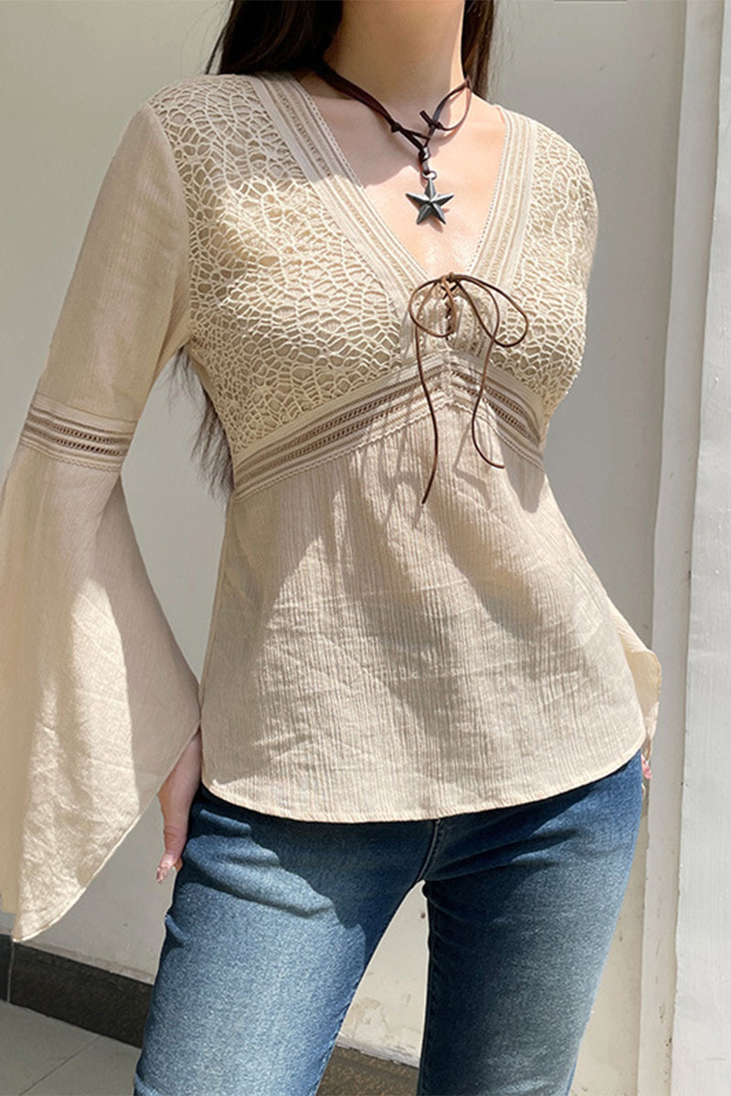 Elena® | Elegant solid patchwork frenulum V-neck tops
