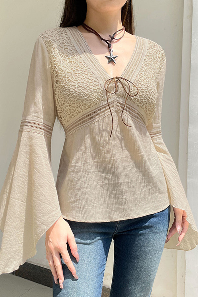 Elena® | Elegant solid patchwork frenulum V-neck tops