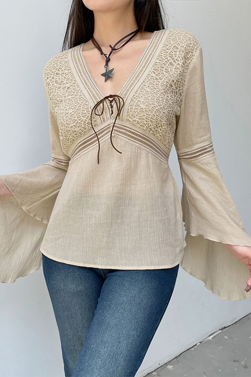 Elena® | Elegant solid patchwork frenulum V-neck tops