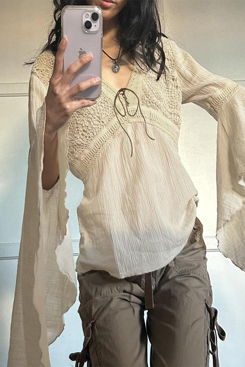 Elena® | Elegant solid patchwork frenulum V-neck tops