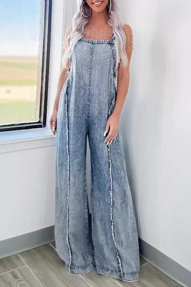 Dafne® | Casual Street Solid Patchwork Backless Square Collar Sleeveless Loose Denim Overalls