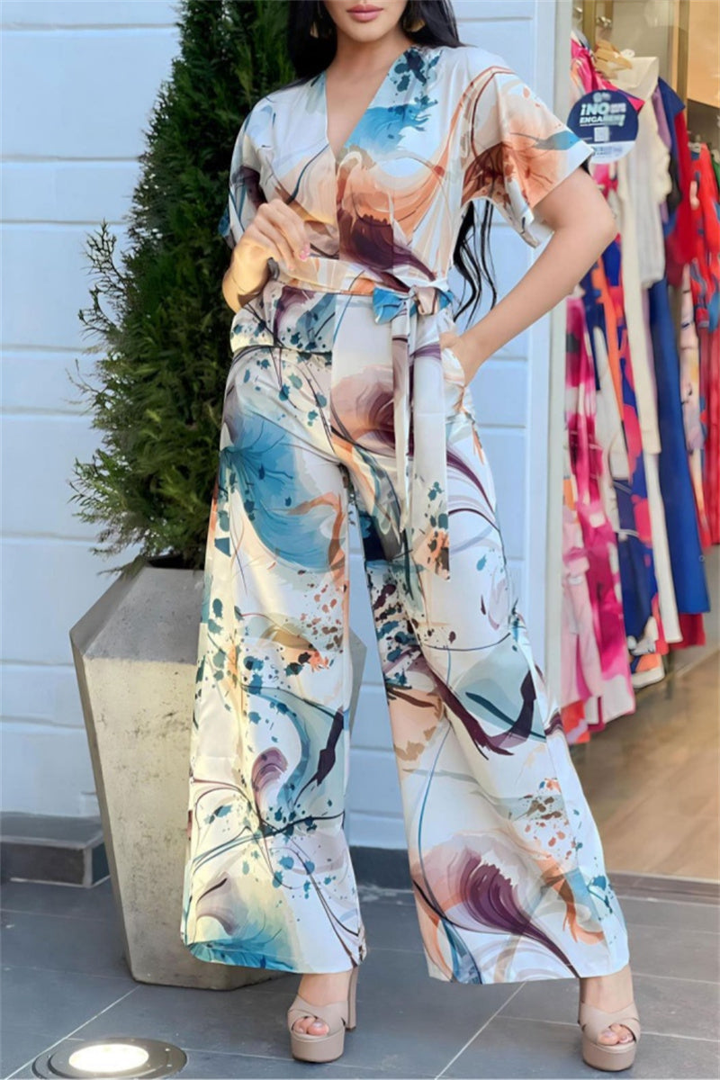 Consuelo® | Casual printed patchwork V-neck regular jumpsuit