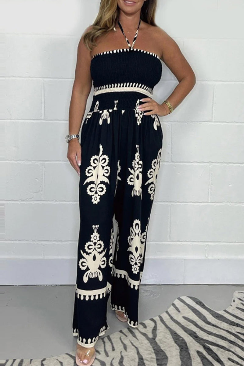 Blanca® | Sexy National Totem Print Patchwork Halter Loose Jumpsuits