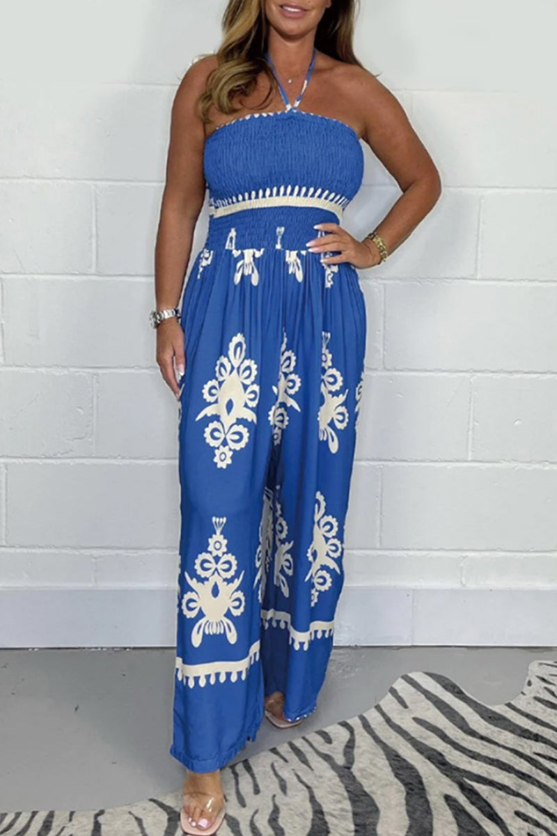 Blanca® | Sexy National Totem Print Patchwork Halter Loose Jumpsuits