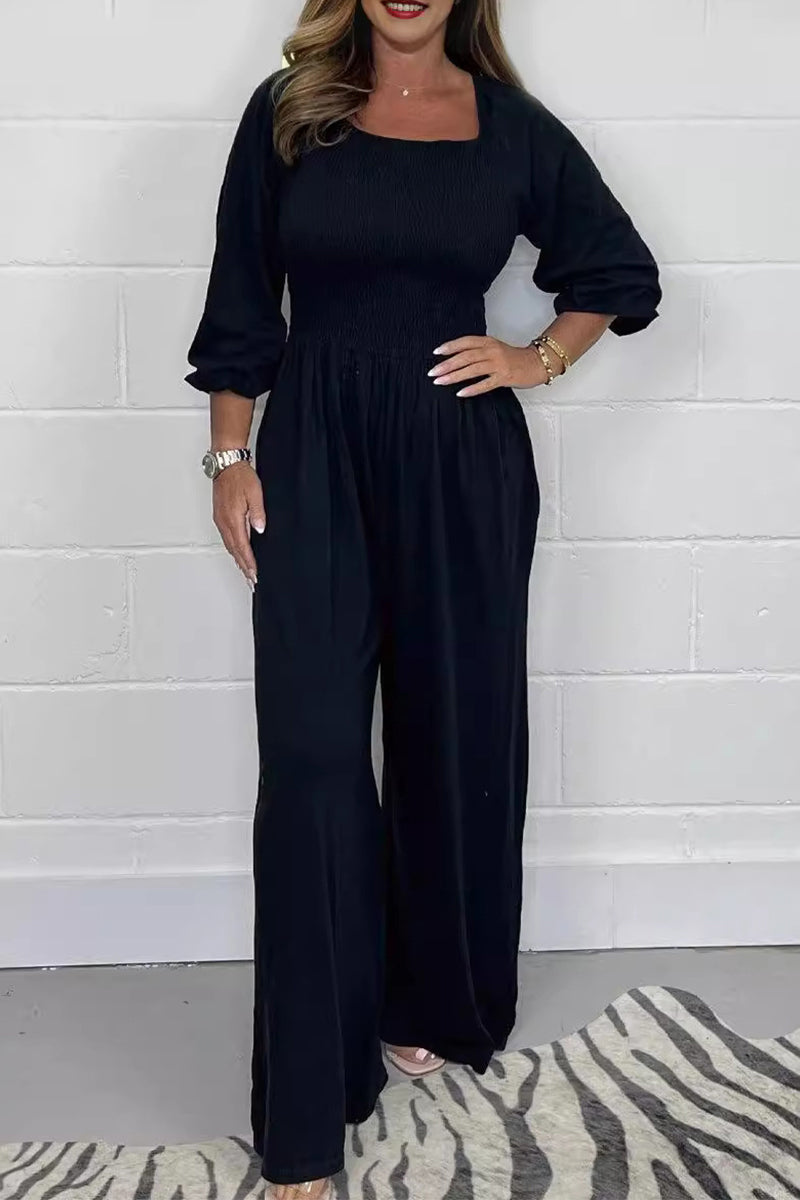 Celia® | Casual simple solid color loose jumpsuits with square collar