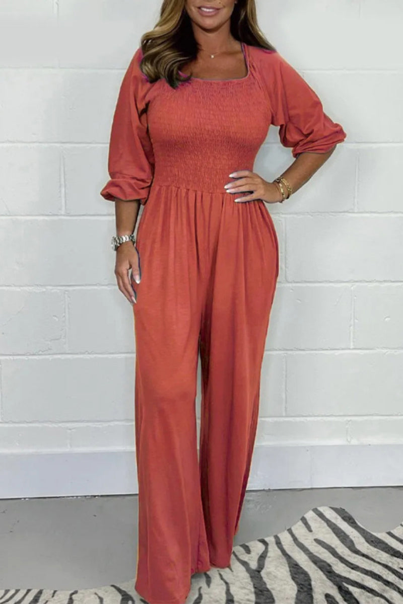 Celia® | Casual simple solid color loose jumpsuits with square collar