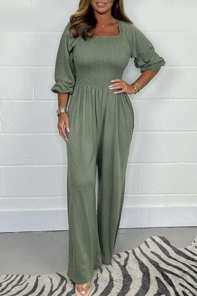 Celia® | Casual simple solid color loose jumpsuits with square collar