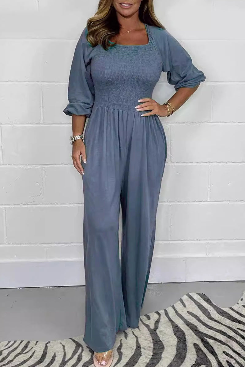 Celia® | Casual simple solid color loose jumpsuits with square collar