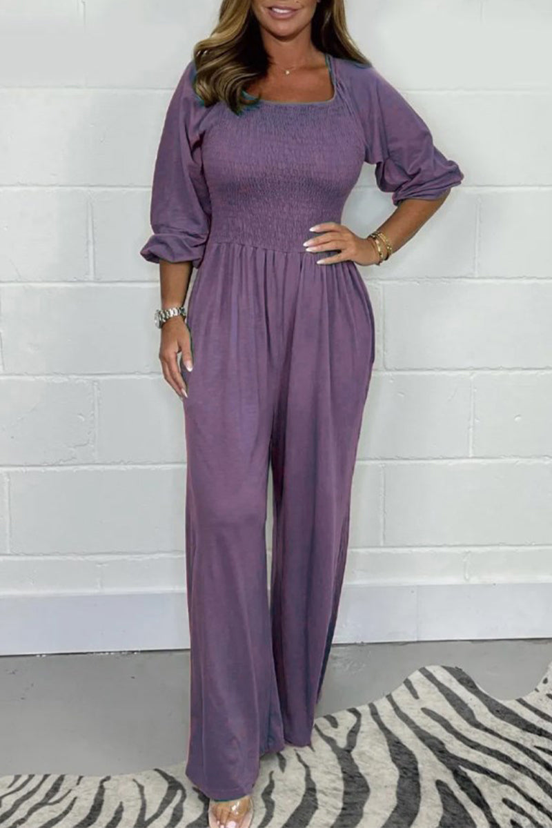 Celia® | Casual simple solid color loose jumpsuits with square collar