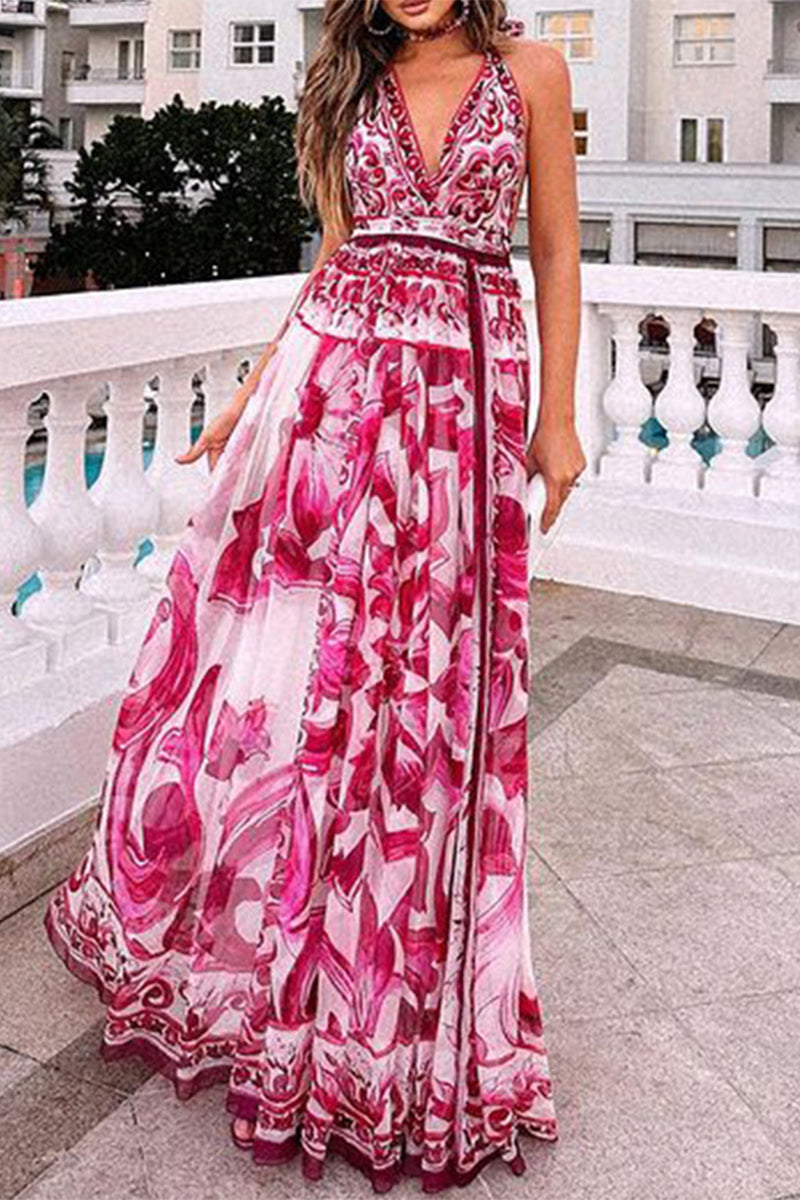 Ana María® | Sexy backless halterneck dresses with floral pattern and vintage print