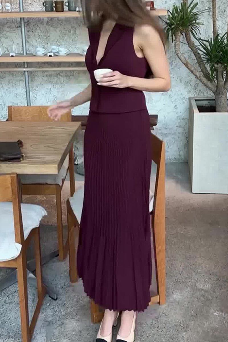 Angela® | British style elegant solid color thread pleated sleeveless V-neck two piece suit