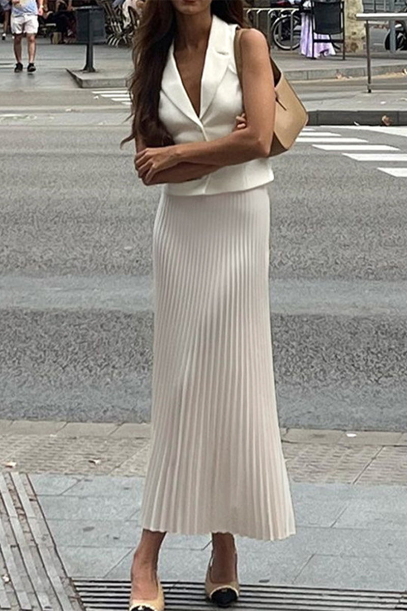 Angela® | British style elegant solid color thread pleated sleeveless V-neck two piece suit