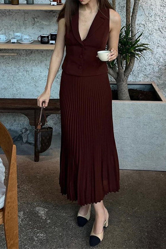Angela® | British style elegant solid color thread pleated sleeveless V-neck two piece suit