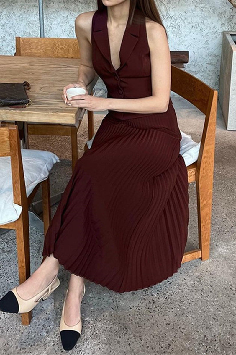 Angela® | British style elegant solid color thread pleated sleeveless V-neck two piece suit