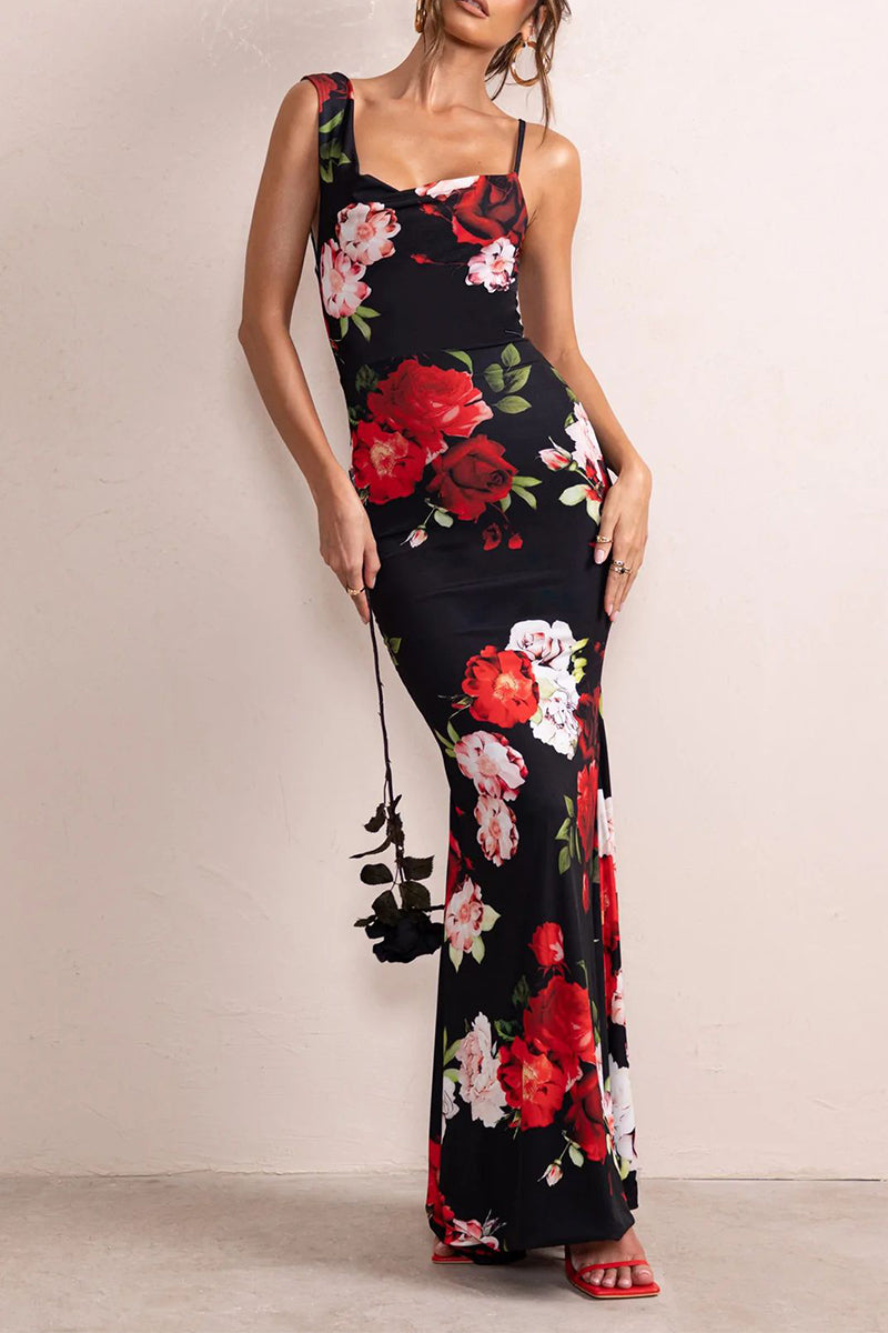 Amparo® | Sexy Vintage Floral Backless Asymmetric Scoop Neck One Tier Skirt Dresses