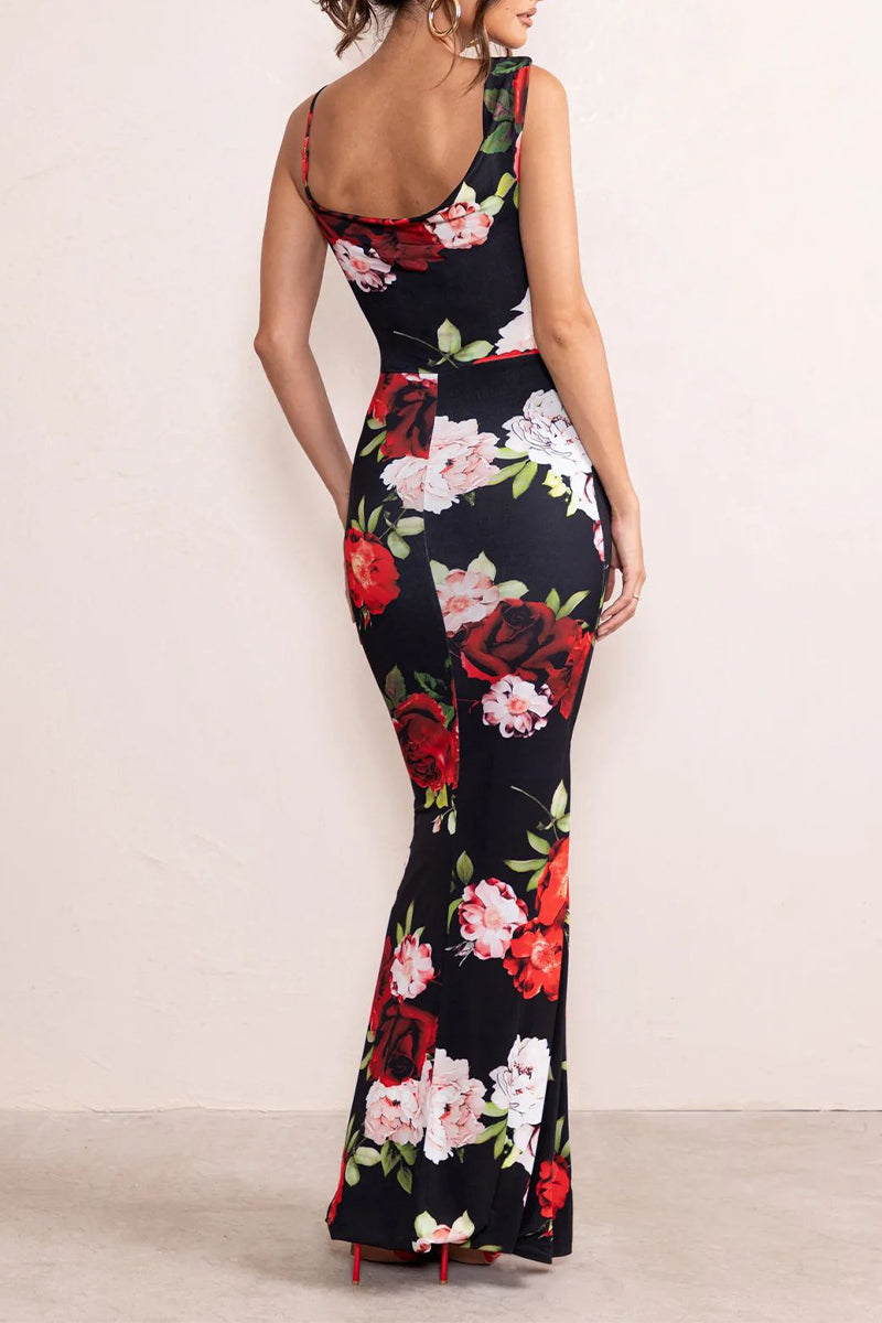 Amparo® | Sexy Vintage Floral Backless Asymmetric Scoop Neck One Tier Skirt Dresses