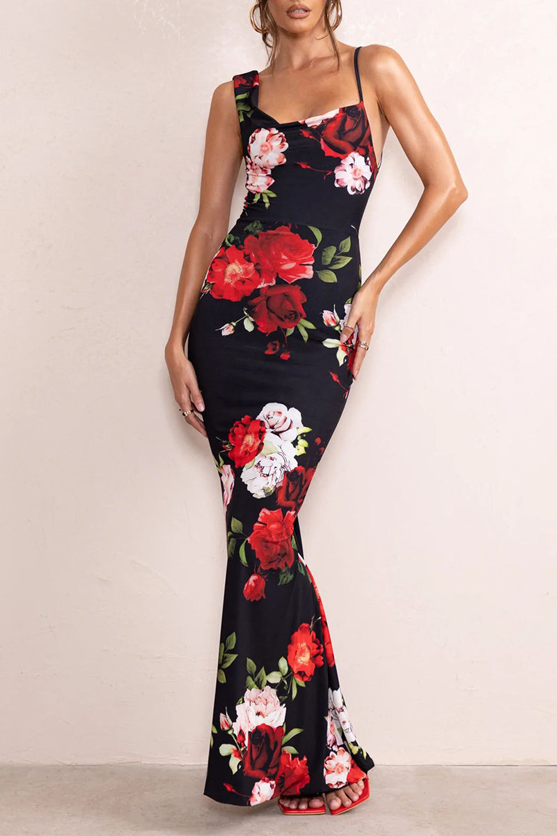 Amparo® | Sexy Vintage Floral Backless Asymmetric Scoop Neck One Tier Skirt Dresses