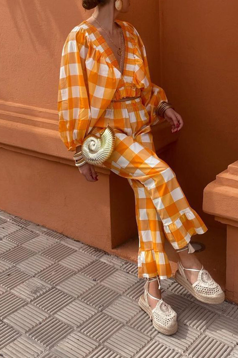 Angelika® | Casual cute plaid contrast long sleeve V-neck two piece suit