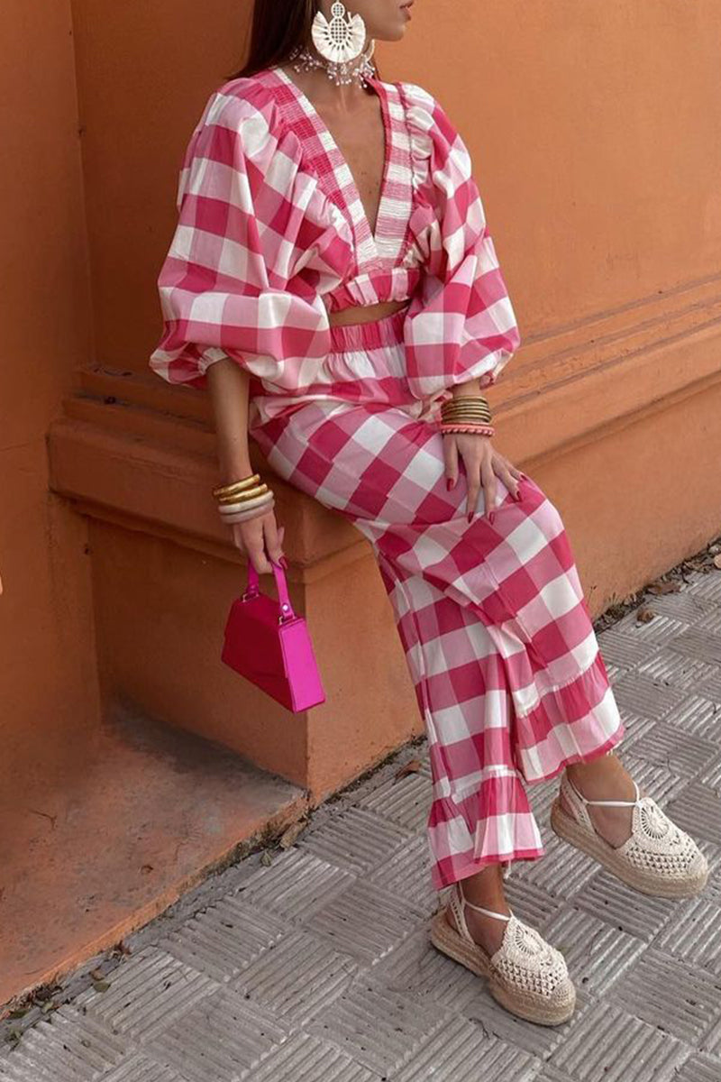 Angelika® | Casual cute plaid contrast long sleeve V-neck two piece suit