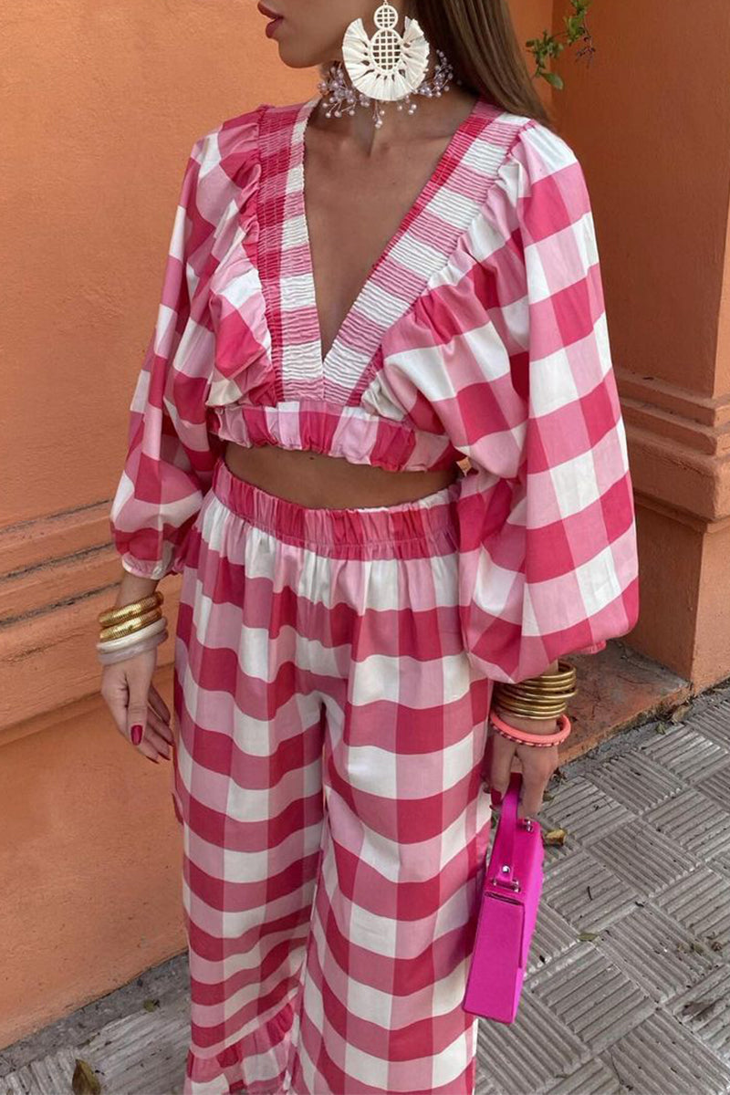 Angelika® | Casual cute plaid contrast long sleeve V-neck two piece suit