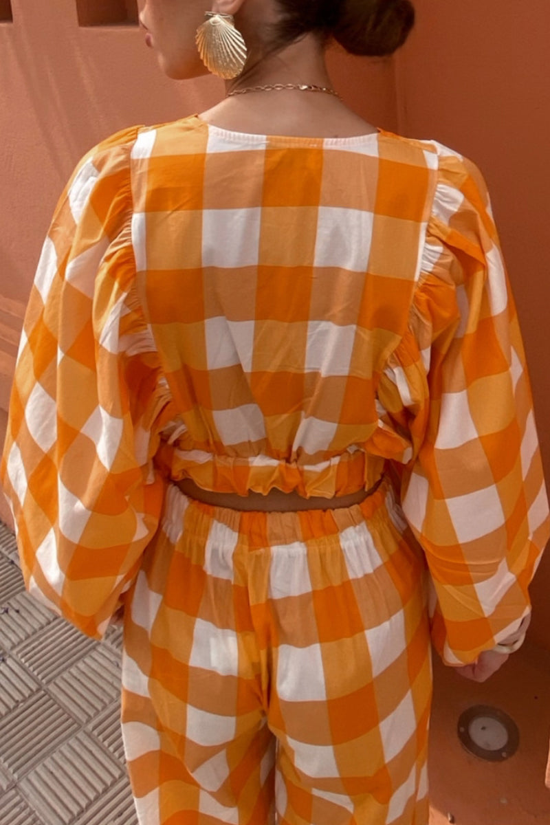 Angelika® | Casual cute plaid contrast long sleeve V-neck two piece suit