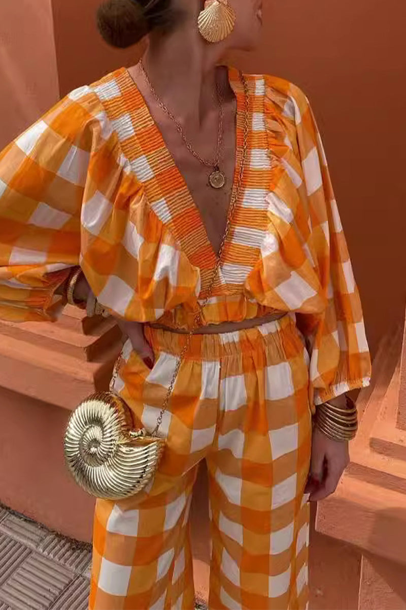 Angelika® | Casual cute plaid contrast long sleeve V-neck two piece suit
